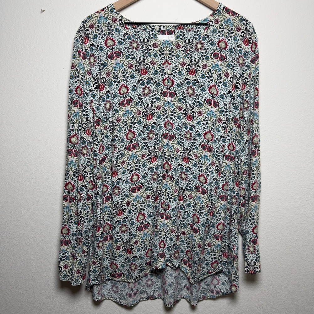 J. Jill Women Button Front Top Large Floral Long Sleeve V-Neck‎ Lagenlook
